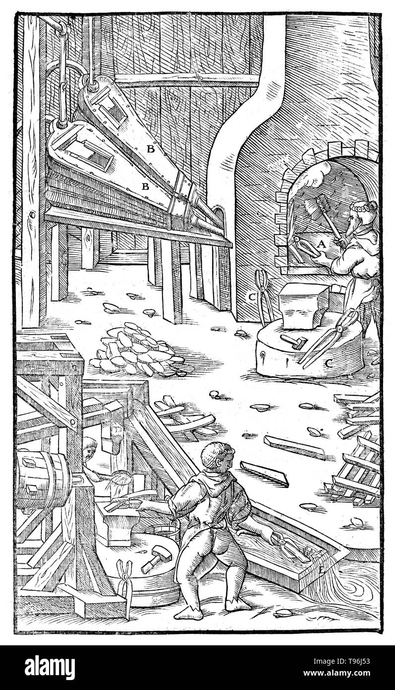 Holzschnitt aus De Re Metallica. Georgius Agricola (März 24, 1494 - November 21, 1555) war ein deutscher Gelehrter und Wissenschaftler,'' bekannt, der Vater der Mineralogie''. 1556 veröffentlichte er sein Buch De Re Metallica, eine Abhandlung über Bergbau und Metallgewinnung, mit Holzschnitten illustriert Prozesse Erze aus dem Boden und Metall aus dem Erz zu extrahieren, und die vielen Verwendungen von Wassermühlen im Bergbau. Stockfoto