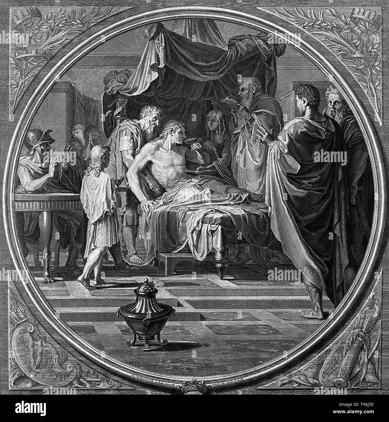 Die Geschichte von Alexander dem Großen und seinem Arzt, Philip, wird von vielen antiken Autoren erzählt. Plutarch berichtet, wie, nachdem Alexander erkrankte, einer seiner Generäle ihm schrieb einen Brief Warnung, dass Philippus, Alexander Arzt- und alten Freund, vom Persischen Feind beschädigt worden war. Alexander dennoch trusted Philip und furchtlos Trank, die Medizin, die er vorbereitet hatte. Alexander III. von Makedonien (356-323 v. Chr.) war ein griechischer König. Stockfoto