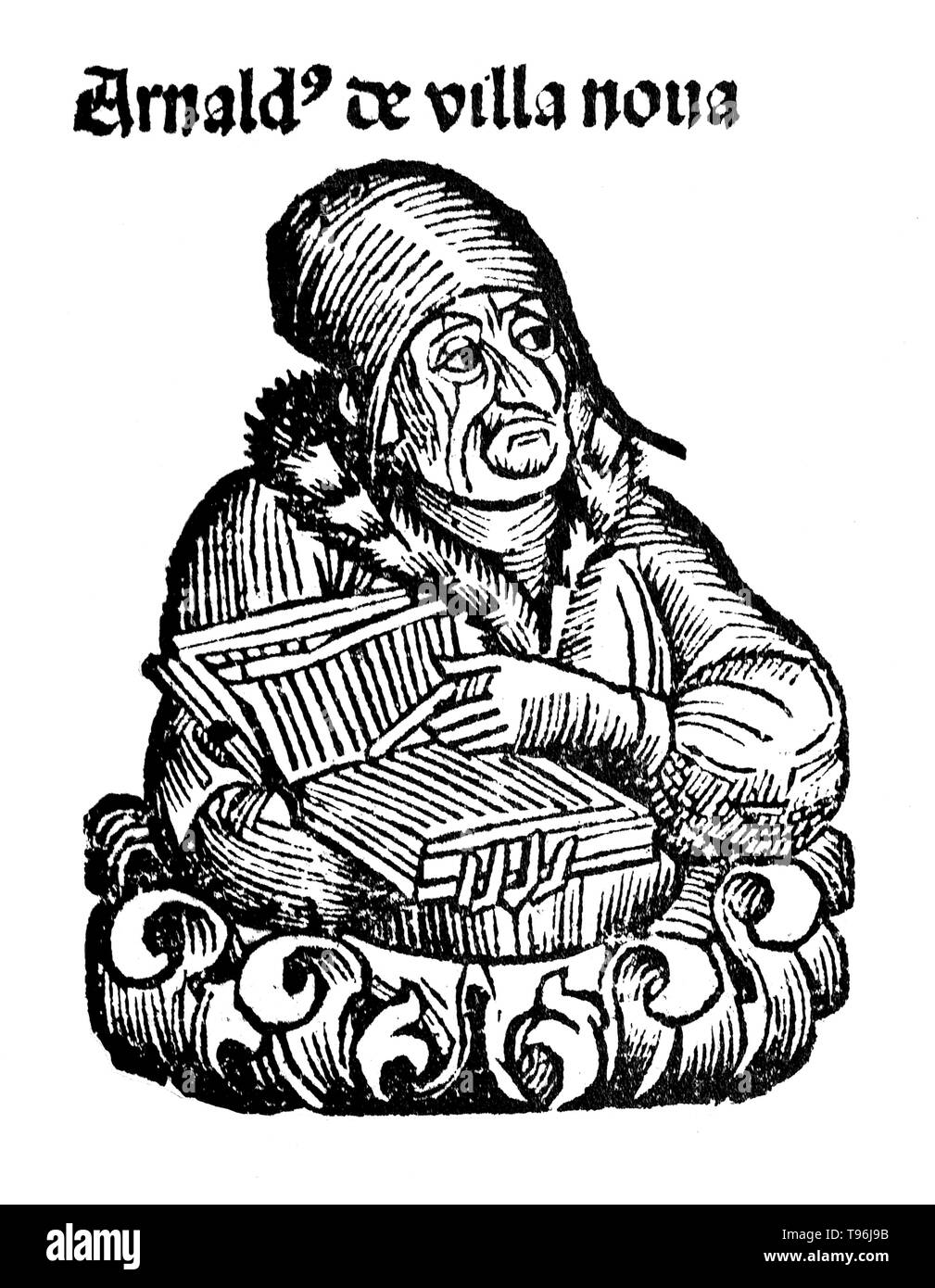 Arnaldus de Villa Nova (1235-1311) war ein spanischer Alchemist, Astrologe und Arzt. Er studierte Chemie, Medizin, Physik, und arabische Philosophie. Er ist mit dem Übersetzen eine Anzahl von medizinischen Texte aus dem Arabischen, darunter Werke von Ibn Sina (Avicenna), ibn Qusta Luqa (Costa ben Luca), und Galen gutgeschrieben. Vielen alchemistischen Schriften, darunter Thesaurus Thesaurorum oder Rosarius Philosophorum, Novum Lumen, und Flos Florum, sind auch zu ihm zugeschrieben, aber sie sind von sehr zweifelhafte Authentizität. Stockfoto
