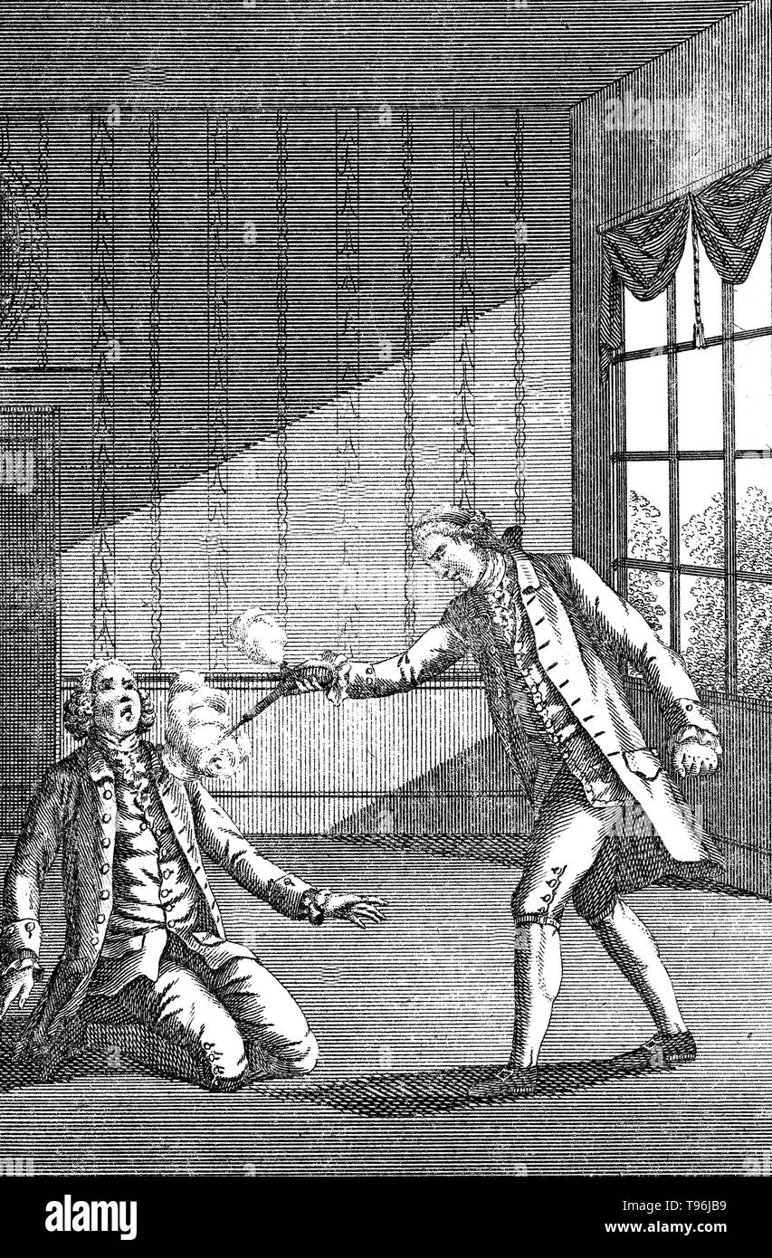 Herr Laurence Earl Ferrers seinem Haushalter, Herr Johnson schießen. Laurence Shirley, 4. Earl Ferrers (August 18, 1720 - Mai 5, 1760) war ein englischer Edelmann, bemerkenswert für die letzte Peer gehängt, nach seiner Überzeugung für seine Steward ermordet zu werden. Es wurde gesagt, dass es Wahnsinn in seiner Familie, und von einem frühen Alter an seinem Verhalten scheint, exzentrisch, und sein Temperament gewalttätig. 1758, seine Frau erhielt eine Trennung von Ihm für Grausamkeit, die für die Zeit selten gewesen wäre. Stockfoto
