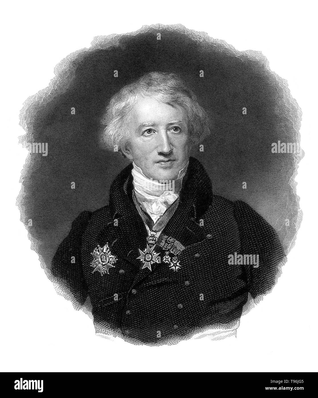 Georges Cuvier (August 23, 1769 - Mai 13, 1832) war ein französischer Naturforscher und Zoologe, manchmal auch als "Vater der Paläontologie''. Er entstand ein System der zoologischen Klassifikation, die Tiere nach den Strukturen ihrer Skelette und Organe gruppiert. Cuvier erweitert sein System zu Fossilien; seine Rekonstruktion der ausgestorbenen Tiere sah, auf der Grundlage ihrer Skelettreste, stark erweiterte die Wissenschaft der Paläontologie. Stockfoto