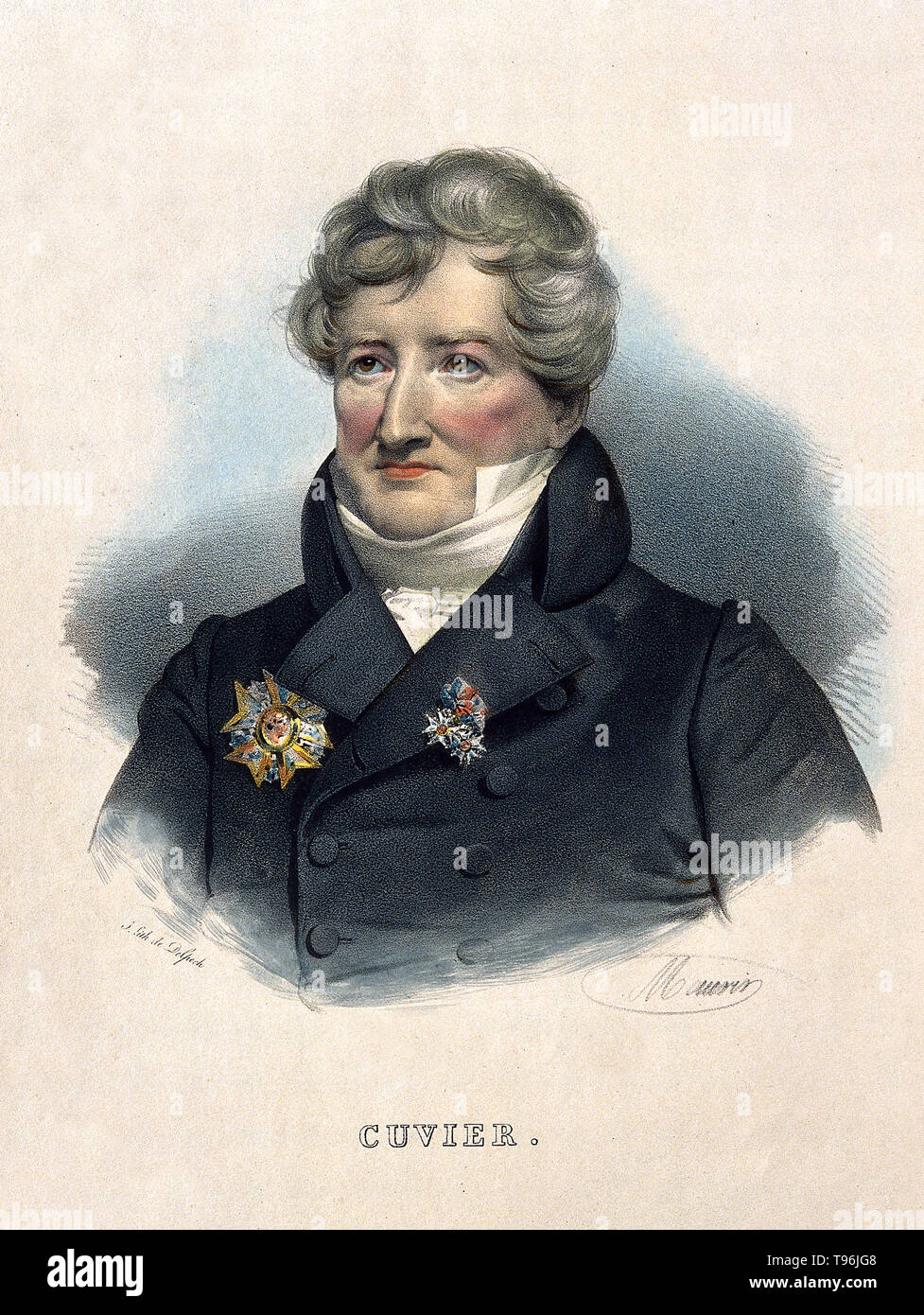 Georges Cuvier (August 23, 1769 - Mai 13, 1832) war ein französischer Naturforscher und Zoologe, manchmal auch als "Vater der Paläontologie". Er entstand ein System der zoologischen Klassifikation, die Tiere nach den Strukturen ihrer Skelette und Organe gruppiert. Cuvier erweitert sein System zu Fossilien; seine Rekonstruktion der ausgestorbenen Tiere sah, auf der Grundlage ihrer Skelettreste, stark erweiterte die Wissenschaft der Paläontologie. Stockfoto