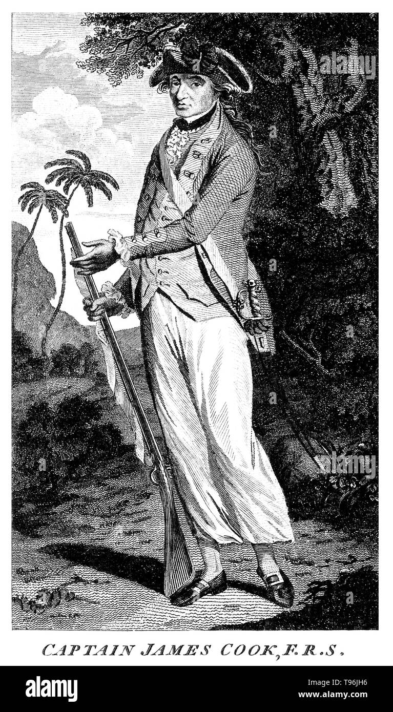 Kapitän James Cook (November 7, 1728 - Februar 14, 1779) war ein englischer Explorer, Navigator und Kartographen in der Royal Navy. Er zugeordneten Ländereien von Neuseeland bis Hawaii im Pazifischen Ozean im Detail und auf einer Skala, die bisher nicht erreicht. Er befragt und benannte Funktionen und aufgezeichneten Inseln und Küstenlinien auf europäische Karten zum ersten Mal. Stockfoto