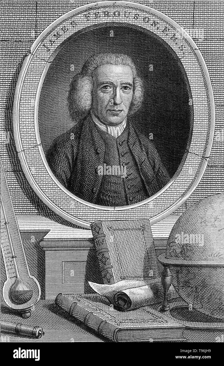 James Ferguson (April 25,1710 - 17. November 1776) war ein schottischer Astronom und Instrumentenbauer. Nachdem sein Vater brachte ihn zu schreiben, wurde er zum Gymnasium für drei Monate und das war alles, was die formale Bildung, die er je bekommen. Im Jahre 1720 wurde er zu einem benachbarten Bauernhof Schafe geschickt, wo er sich selbst, indem sie Modelle von Maschinen bei Laune zu halten, und in der Nacht studierte er die Sterne. Stockfoto