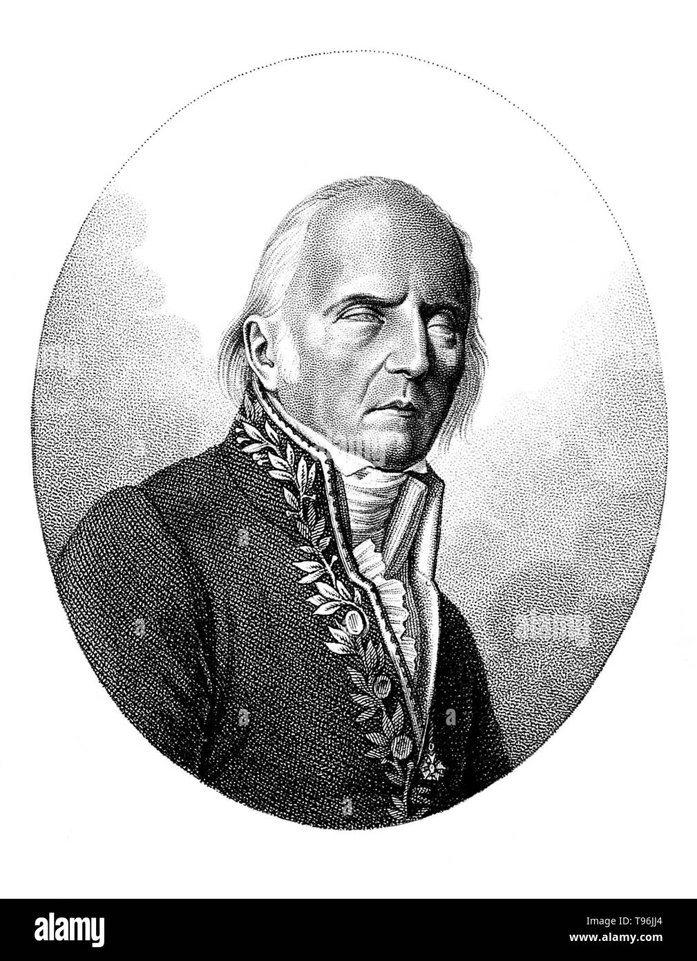 Jean-Baptiste Pierre Antoine de Monet, Chevalier de La Marck (1. August 1744 - 18. Dezember 1829), bekannt häufig einfach als Lamarck, war ein französischer Naturforscher. Er war ein Soldat, Biologe, akademischen und einer der ersten Verfechter der Idee, dass die Evolution aufgetreten und im Einklang mit den natürlichen Gesetzen verlaufen ist. Seine Evolutionstheorie beruht auf der Idee, dass erworbene Eigenschaften vererbt werden. Nach 1800 setzte er allgemeine Ideen auf Pflanzen- und Tierarten, die er glaubte, waren nicht ''Fix''. Stockfoto