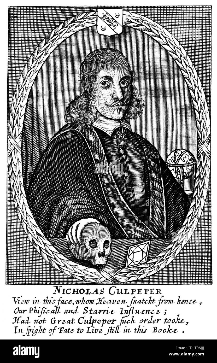 Nicholas Culpeper (18. Oktober 1616 - 10. Januar 1654 ) war ein englischer Botaniker, herbalist, Arzt und Astrologe. Seine veröffentlichten Bücher umfasst die English Physitian (1652), Die gesamte Pflanzliche (1653), enthält eine Fülle von Pharma- und Kräuter wissen, und astrologische Urteil von Krankheiten aus dem Decumbiture der Kranken (1655), der einer der am meisten detaillierte Unterlagen bekannt auf der Praxis der medizinischen Astrologie. Stockfoto