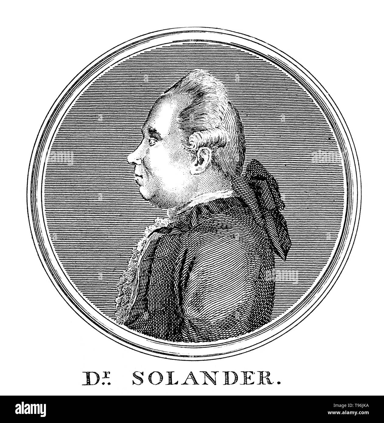 Daniel Carlsson Solander (Februar 19, 1733 - Mai 13 1782) war ein schwedischer Naturforscher. Im Jahre 1768, gewonnen Solander Beurlaubung vom British Museum und begleitete Joseph Banks auf der ersten Reise James Cook zum Pazifischen Ozean an Bord der Endeavour. Im Jahre 1772 begleitete er die Banken auf seiner Reise nach Island, die Hebriden und den Orkney Inseln. Zwischen 1773 und 1782 war er Hüter der natürlichen Geschichte Abteilung des British Museum. Er starb an einem Schlaganfall im Alter von 49 Jahren. Stockfoto