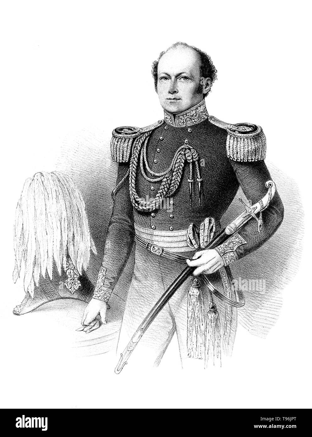 Hinten - Admiral Sir John Franklin (April 16, 1786 - Juni 11, 1847) war ein englischer Royal Navy Offizier und Entdecker in der Arktis. 1819, Franklin wurde gewählt, um eine Expedition auf dem Landweg von der Hudson Bay an der Nordküste von Kanada nach Osten aus dem Mund des Coppermine River zu führen. Verlor er 11 der 20 Männer in seiner Partei. Die meisten starben an Hunger, aber es gab auch mindestens ein Mord und Anregungen von Kannibalismus. Stockfoto