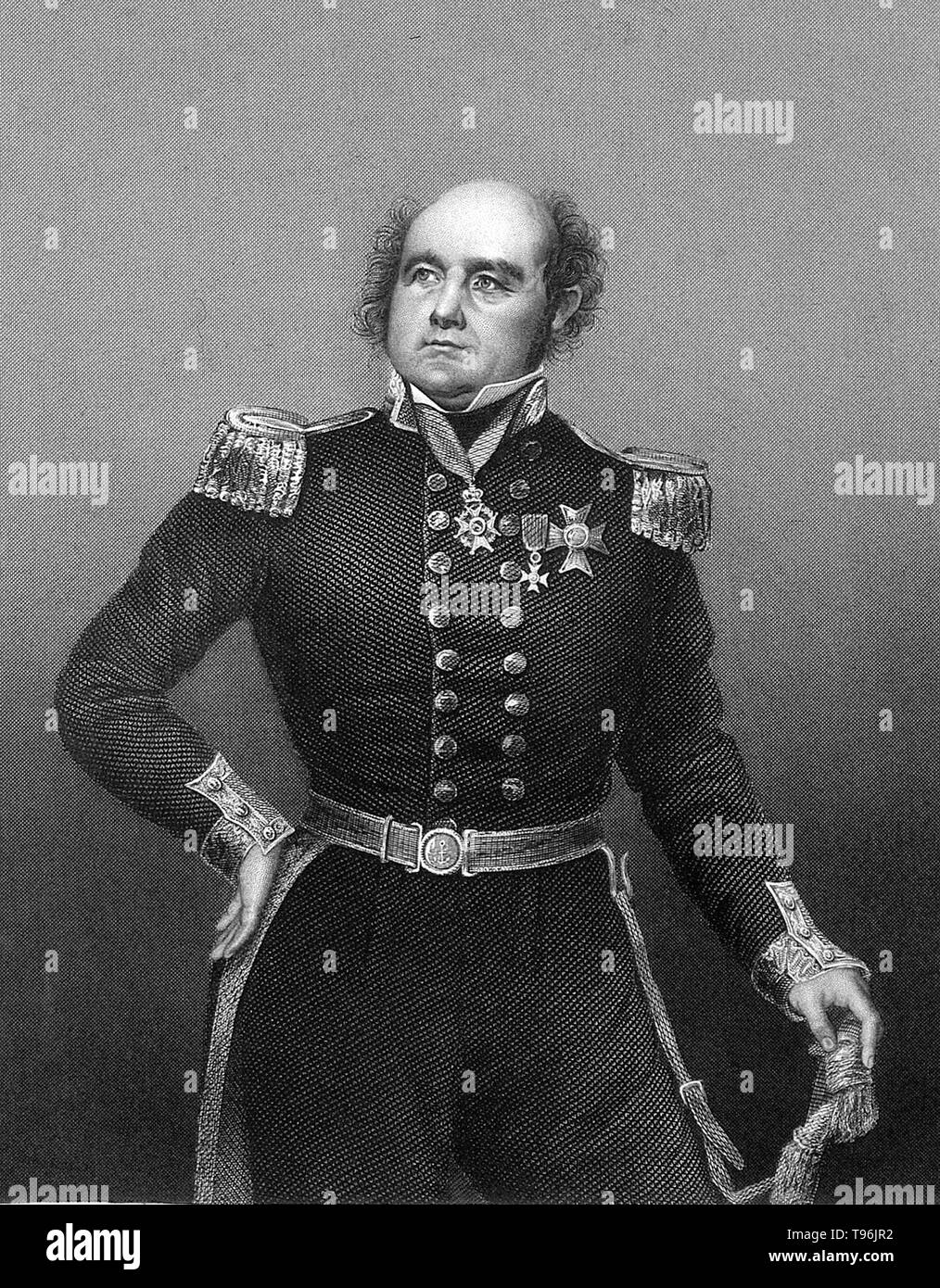 Hinten - Admiral Sir John Franklin (April 16, 1786 - Juni 11, 1847) war ein englischer Royal Navy Offizier und Entdecker in der Arktis. 1819, Franklin wurde gewählt, um eine Expedition auf dem Landweg von der Hudson Bay an der Nordküste von Kanada nach Osten aus dem Mund des Coppermine River zu führen. Verlor er 11 der 20 Männer in seiner Partei. Die meisten starben an Hunger, aber es gab auch mindestens ein Mord und Anregungen von Kannibalismus. Stockfoto