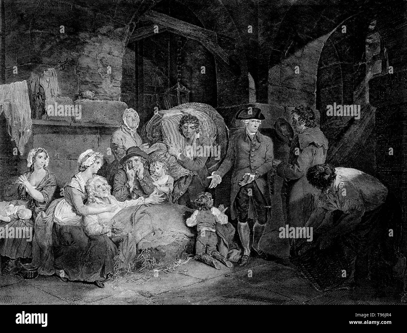 John Howard Besuch einer Gefängnis: eine Gruppe von Gefangenen sitzen oder liegen auf dem Boden. John Howard (September 2, 1726 - Januar 20, 1790) war ein Philanthrop und frühen englischen Gefängnis Reformer. Er war High Sheriff von Bedfordshire 1773 ernannt, zunächst für einen Zeitraum von einem Jahr. Statt seine Aufgaben zu delegieren, die Unter-Sheriff, wie damals üblich, Howard inspiziert die County Gefängnis Selbst. Er war geschockt von dem, was er gefunden hat, und trieb in Gefängnissen in England zu prüfen. Stockfoto