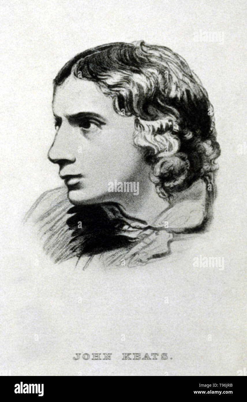 John Keats (31. Oktober 1795 - 23. Februar 1821) war ein englischer Dichter der Romantik. Er war einer der wichtigsten Figuren der zweiten Generation der romantischen Dichter, zusammen mit Lord Byron und Percy Bysshe Shelley, trotz seiner Werke, die in der Publikation nur für vier Jahre vor seinem Tod von der Tuberkulose im Alter von 25 Jahren. Stockfoto