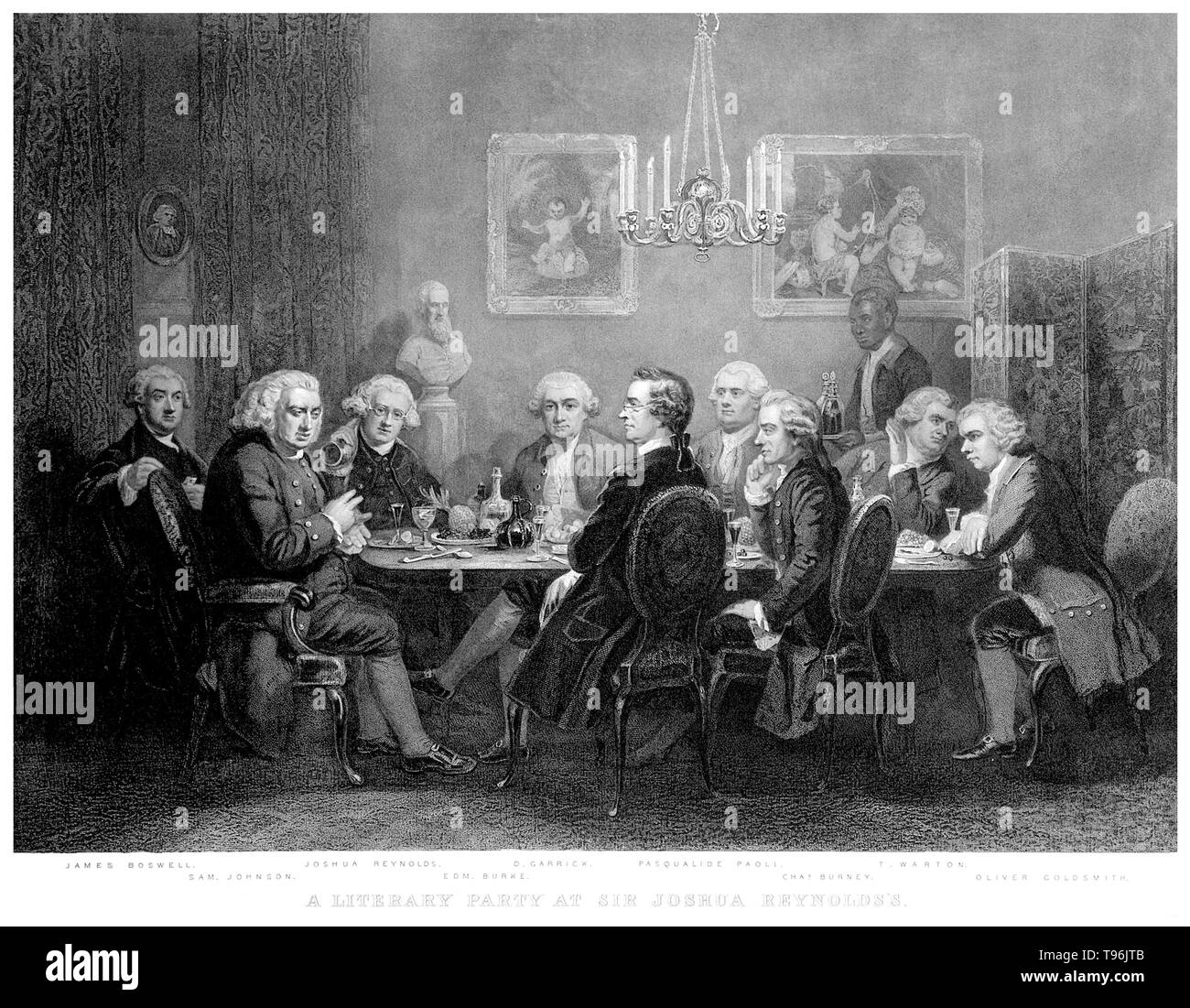 Group Portrait von neun Männern um einen Tisch mit Obst und Dekanter, eine schwarze Seite serviert fest sitzt. James Boswell ist auf der linken Seite, mit Johnson zu seiner rechten Gespräch mit Edmund Burke; Reynolds ist gegenüber von Johnson sitzt und hört mit Trompete an seinem Ohr. Garrick links von Reynolds Gesichter der Betrachter, während Pasquale Paoli zu seiner Linken bemerkt Johnson unterhalten am Ende der Tabelle. Stockfoto