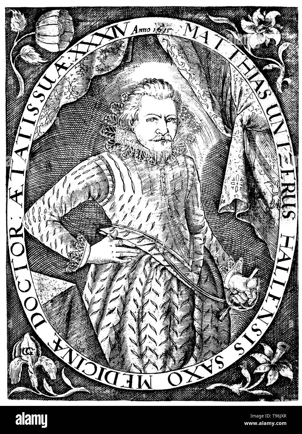 Matthias Untzer (1581-1624) war ein deutscher Arzt. Er studierte in Leipzig, Tübingen und Padua und qualifizierte sich als Arzt in Basel. Er war ein iatrochemist, eine Disziplin, die versucht, chemische und alchemistischen Prinzipien zu Medizin und die Behandlung von Krankheiten zu übernehmen. Zu seinen Werken zählen 'De Organische Crackprodukte Tractatus Medico-Chymicus' (1620) und "Anatomia Mecurii Spagirica' (1620). Kunstwerke aus Unzter's 'Katoptron Ioimodes", ein Buch über die pestepidemie. Zeile Gravur von C.G. Grahl, 1615. Stockfoto