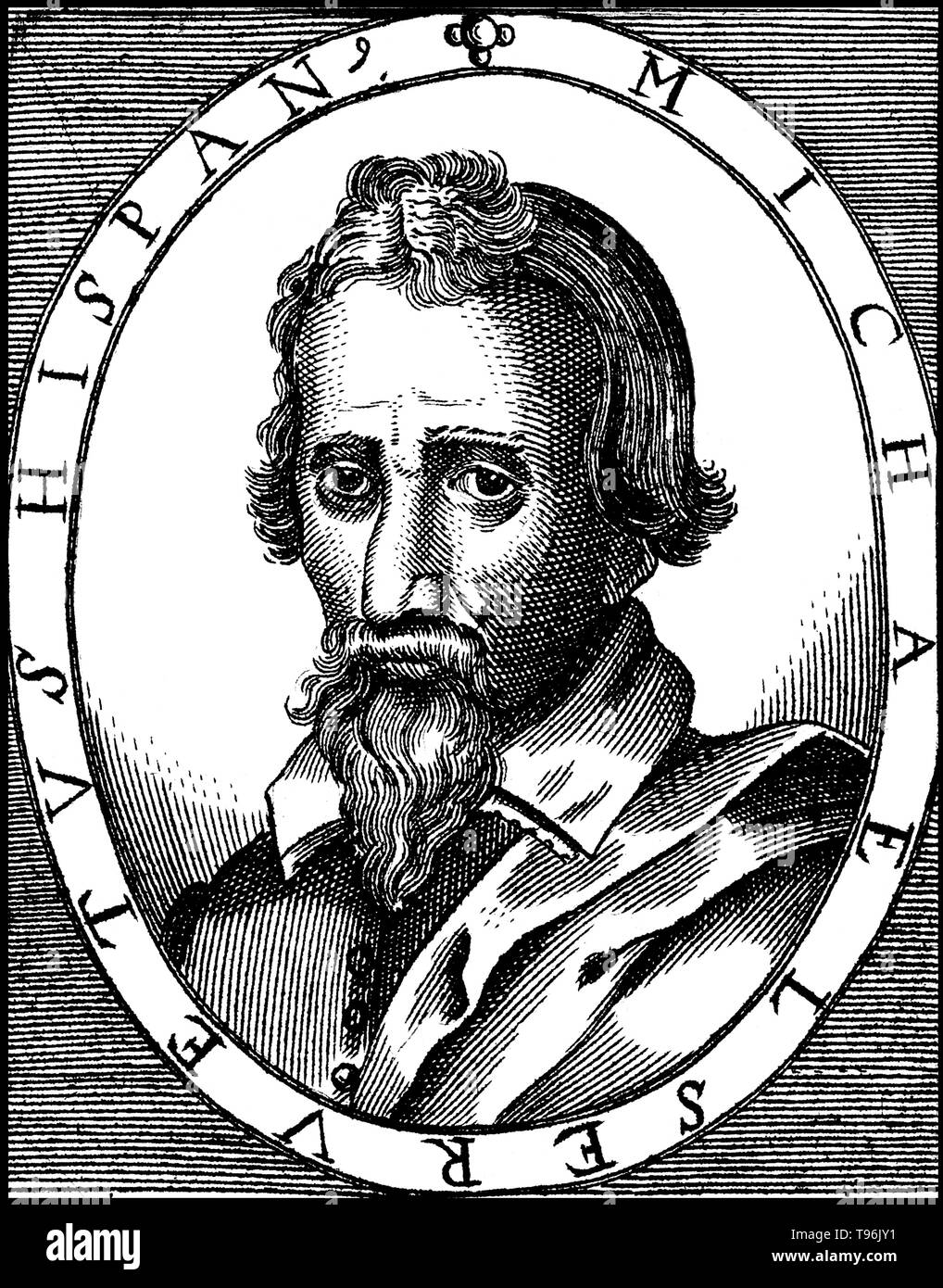 Michael Servetus (29. September 1509 oder 1511 - 27. Oktober 1553) war ein spanischer Theologe, Arzt, Kartograph und Humanist. Er war der erste Europäer, der für die korrekte Funktion der pulmonalen Zirkulation beschreiben. Seine Interessen enthalten viele Wissenschaften: Mathematik, Astronomie und Meteorologie, Geographie, der menschlichen Anatomie, Medizin und Pharmazie sowie der Rechtsprechung, und das wissenschaftliche Studium der Bibel in ihrer ursprünglichen Sprachen. Stockfoto