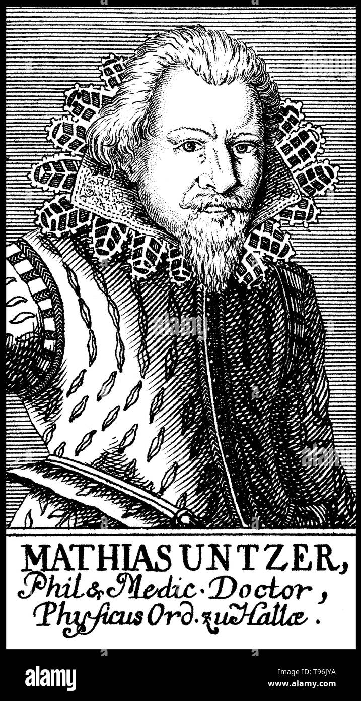 Matthias Untzer (1581-1624) war ein deutscher Arzt. Er studierte in Leipzig, Tübingen und Padua und qualifizierte sich als Arzt in Basel. Er war ein iatrochemist, eine Disziplin, die versucht, chemische und alchemistischen Prinzipien zu Medizin und die Behandlung von Krankheiten zu übernehmen. Zu seinen Werken zählen 'De Organische Crackprodukte Tractatus Medico-Chymicus' (1620) und "Anatomia Mecurii Spagirica' (1620). Zeile Gravur, kein Künstler gutgeschrieben. Stockfoto