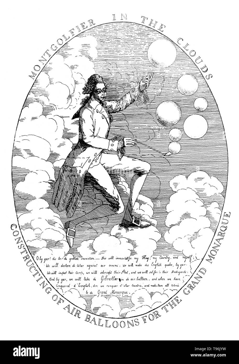 Joseph-Michel Montgolfier (August 26, 1740 - Juni 26, 1810) und Jacques-Étienne Montgolfier (6. Januar 1745 - August 2, 1799) wurden die Erfinder der Montgolfière Stil Heißluftballon, Globus aérostatique. Am 4. Juni 1783, flogen sie ihr Handwerk vor einer Gruppe von Würdenträgern. Seinen Flug abgedeckt 1.2 Meilen, dauerte 10 Minuten und hatte eine geschätzte Höhe von 5,200-6 ,600 ft. Die Brüder ist es gelungen, die Einleitung der ersten bemannten Aufstieg, wenn étienne die Modemfunktion Flug am 15. Oktober 1783 vorgenommen. Stockfoto