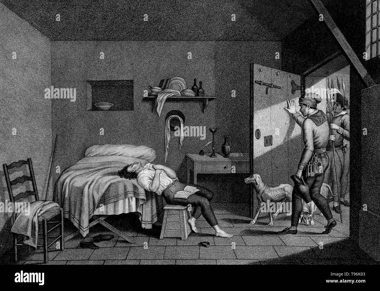 Der Gefängniswärter öffnen die Tür der Zelle zu finden Condorcet lag auf seinem Bett, Selbstmord begangen haben. Marie Jean Antoine Nicolas de Caritat, Marquis de Condorcet (September 17, 1743 - 28. März 1794) war ein französischer Philosoph, Mathematiker, und frühe politische Wissenschaftler, dessen Condorcet-methode in Abstimmung Tally der Kandidat, der jeden anderen Kandidaten in einem Lauf schlagen würde wählt aus Wahl. Stockfoto