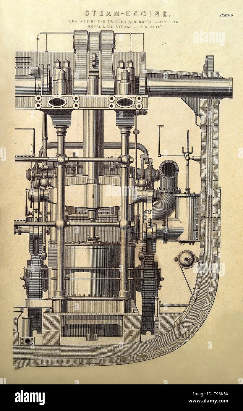 Eine Dampfmaschine an Bord eines Schiffes. Gravur, c 1861. Stockfoto