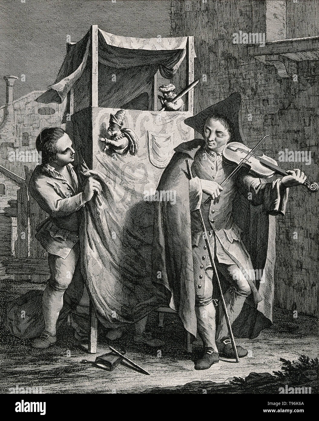 Ein junger Mann spielt eine Violine vor einem Punch und Judy stehen, während ein Puppenspieler, der in der Regel unter dem Stand von Häuten, die Marionette manipuliert. Die Hut- und Füße des zweiten Puppenspieler gesehen werden kann, der sich hinter dem Vorhang. Kupferstich von Giovanni Volpato nach Francesco Maggiotto, c. Ende des 18. Jahrhunderts. Stockfoto