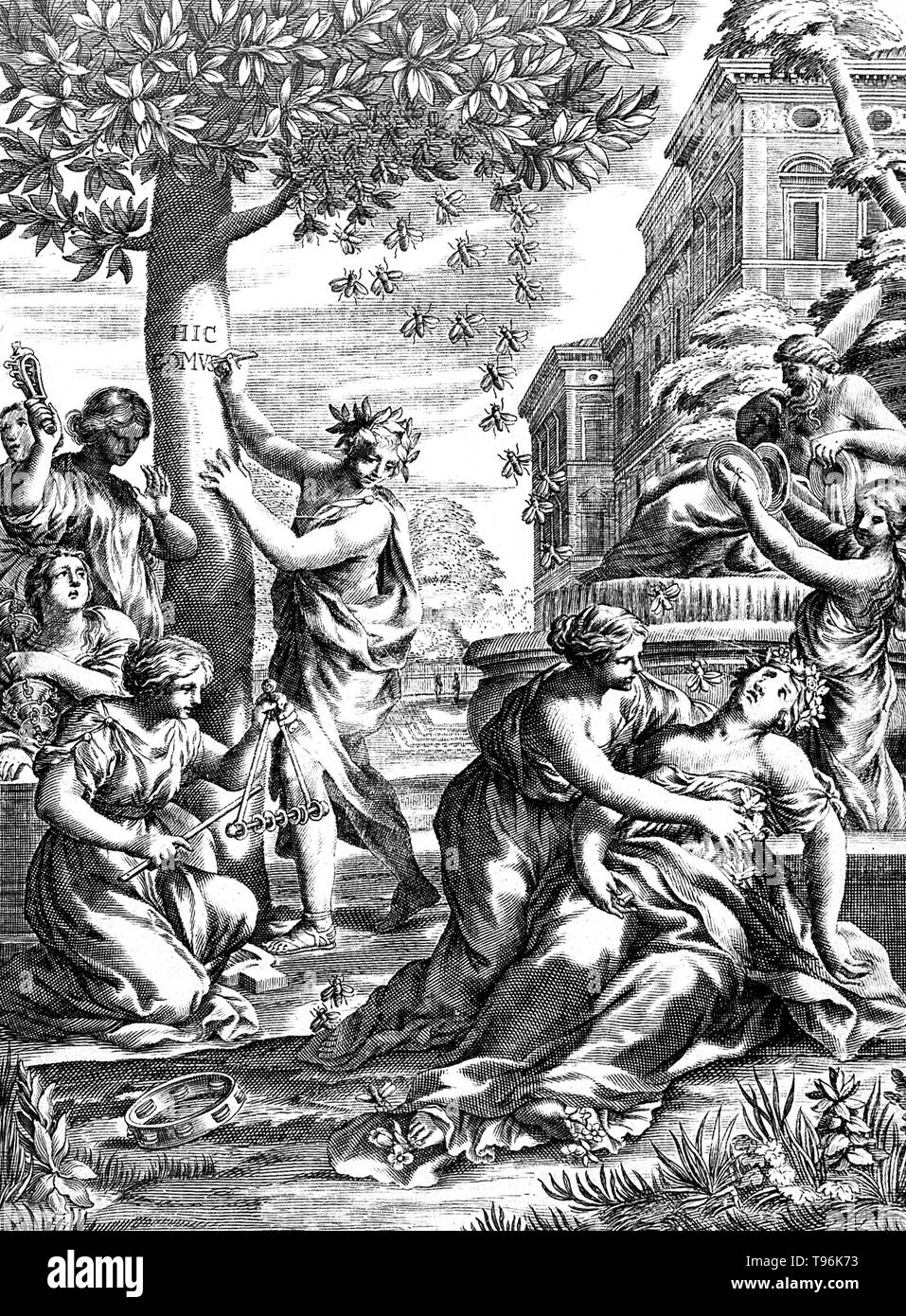 Gruppe von Frauen (nymphen) in der klassischen Roben, Abspielen von Musik neben einem Brunnen. Eine Frau wurde von einer Biene gestochen worden und liegt auf dem Boden. Ein Bienenstich ist ein Stich von einer Biene (honigbiene, Hummeln, Schweiß Biene, etc.). Die Stacheln der meisten dieser Arten können sehr schmerzhaft sein und werden deshalb von vielen Menschen vermieden werden. Ein Honig Biene vom Bienenstock suchen nach Nektar oder Pollen wird selten Sting, außer wenn trat auf oder grob behandelt. Stockfoto