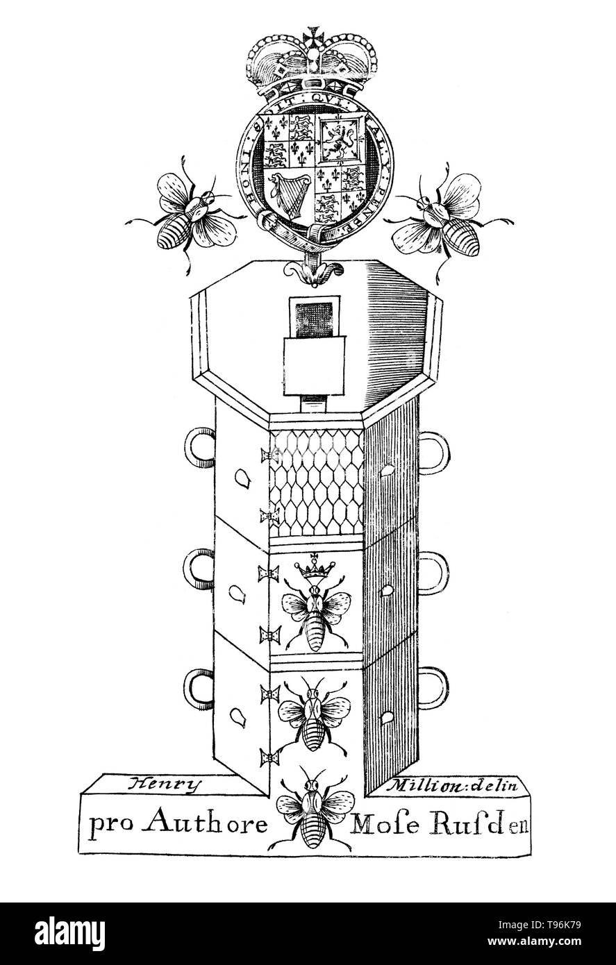 Eine weitere Entdeckung von Bienen: Behandlung der Natur, Regierung, Generierung und Bewahrung der Biene. Mit den Experimenten und Verbesserungen, die sich aus dem Halten sie in transparenten Boxen, Stroh - Nesselsucht durch Mose Rusden, 1679. Ein Bienenstock ist ein geschlossener Struktur von Menschen, in der einige honey bee Arten der Untergattung Apis leben und heben ihre Jungen. Stockfoto
