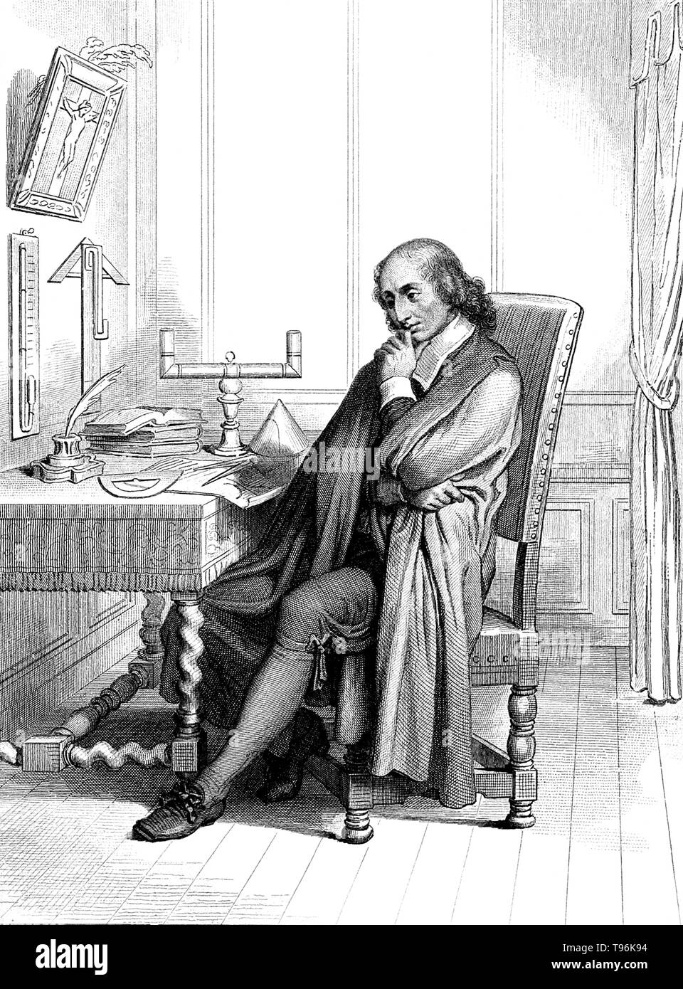 Blaise Pascal (19. Juni 1623 - 19. August 1662) war ein französischer Mathematiker, Physiker, Erfinder, Philosoph und Wunderkind. Er hat wichtige Beiträge für die Untersuchung von Flüssigkeiten, und die Konzepte von Druck und Vakuum geklärt. Während noch ein Jugendlicher, begann er Pionierarbeit auf Rechenmaschinen, und nach drei Jahren Arbeit, die er dem mechanischen Rechner erfunden. Stockfoto