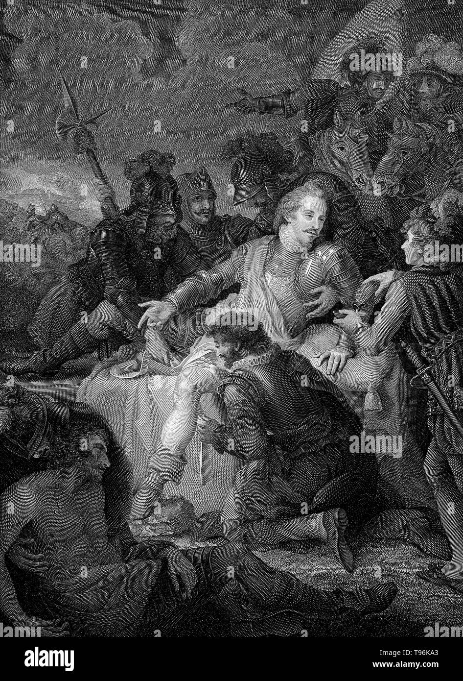 Der Tod von Sir Philip Sidney in der Schlacht von Zutphen. Sir Philip Sidney (November 30, 1554 - Oktober 17, 1586) war ein englischer Dichter, Höfling, Gelehrter, und Soldaten, der als einer der bekanntesten Figuren der Elisabethanischen Zeitalter erinnert wird. Im Jahre 1572, im Alter von 18 Jahren wurde er in das Parlament als Mitglied des Europäischen Parlaments für Shrewsbury und im gleichen Jahr gewählt nach Frankreich reiste als Teil der Botschaft eine Ehe zwischen Elizabeth I und Duc d'Alencon zu verhandeln. Stockfoto