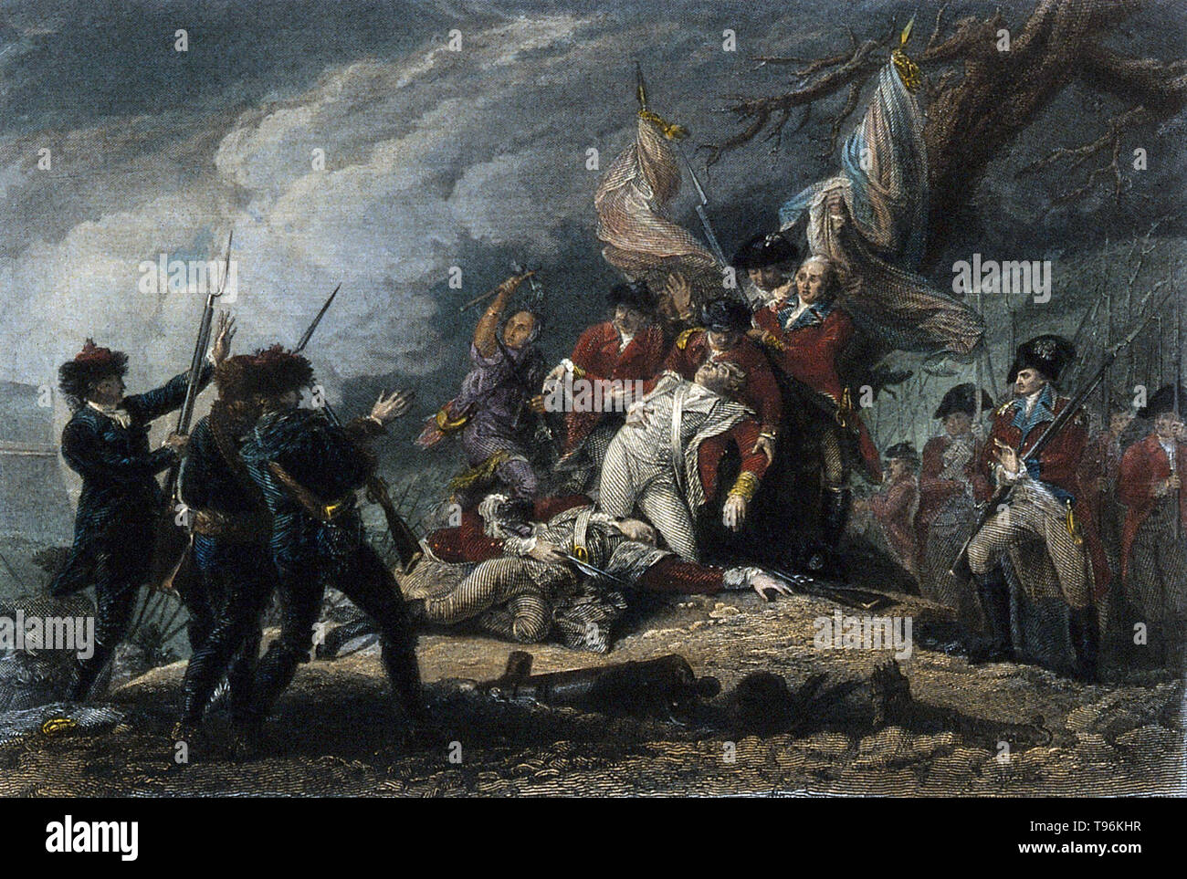 Der Tod von General Montgomery bei Quebec, um Soldaten und Native American Indians. Richard Montgomery (2. Dezember 1738 bis 31. Dezember 1775) war ein Iren - amerikanische Patriot. Im Jahre 1756, trat die Britische Armee in den Franzosen- und Indianerkrieg zu kämpfen. Nach dem Krieg war er am Fort Detroit Pontiac während des Zweiten Weltkriegs stationiert war, kehrte er nach Großbritannien aus gesundheitlichen Gründen. 1773, Montgomery zu den Dreizehn Kolonien zurückgegeben, heiratete Janet Livingston, und begann mit der Landwirtschaft. Stockfoto