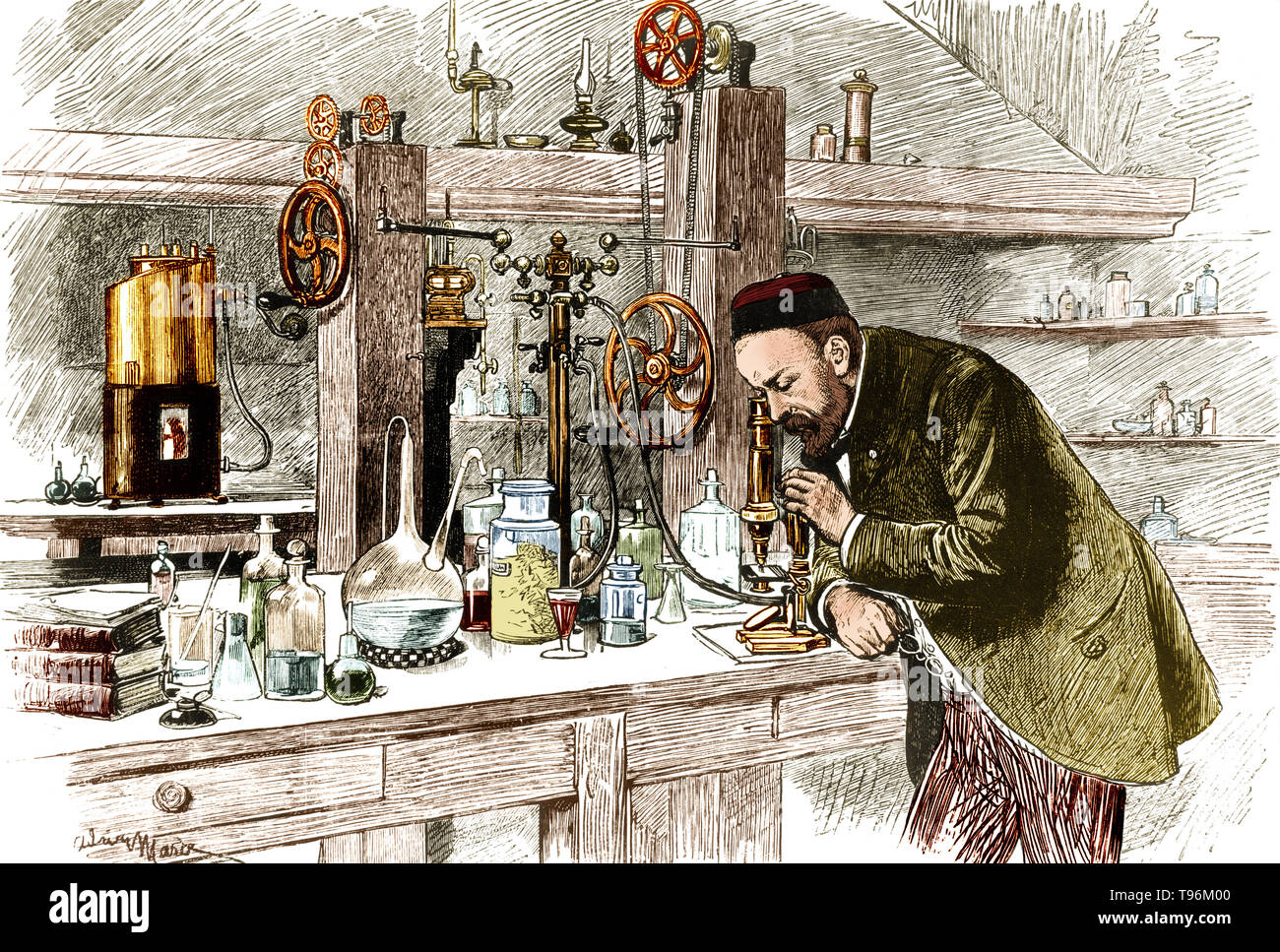 Louis Pasteur in seinem Labor. Pasteur (1822-1895) war ein französischer Chemiker und bakteriologe, der die Wissenschaft der Mikrobiologie gegründet. Pasteur entdeckte, dass Krankheit verursacht wurde, könnte durch Bakterien übertragen von Person zu Person (die Mikrobe Theorie der Krankheit). Er entwickelte auch Impfstoffe gegen Tollwut und Milzbrand. Pasteur fand auch, daß leicht Heizung Nahrungsmittel und Getränke aus Säuern bewahren konnte. Die Pasteurisierung wird jetzt weit in der Lebensmittelindustrie eingesetzt. Stockfoto