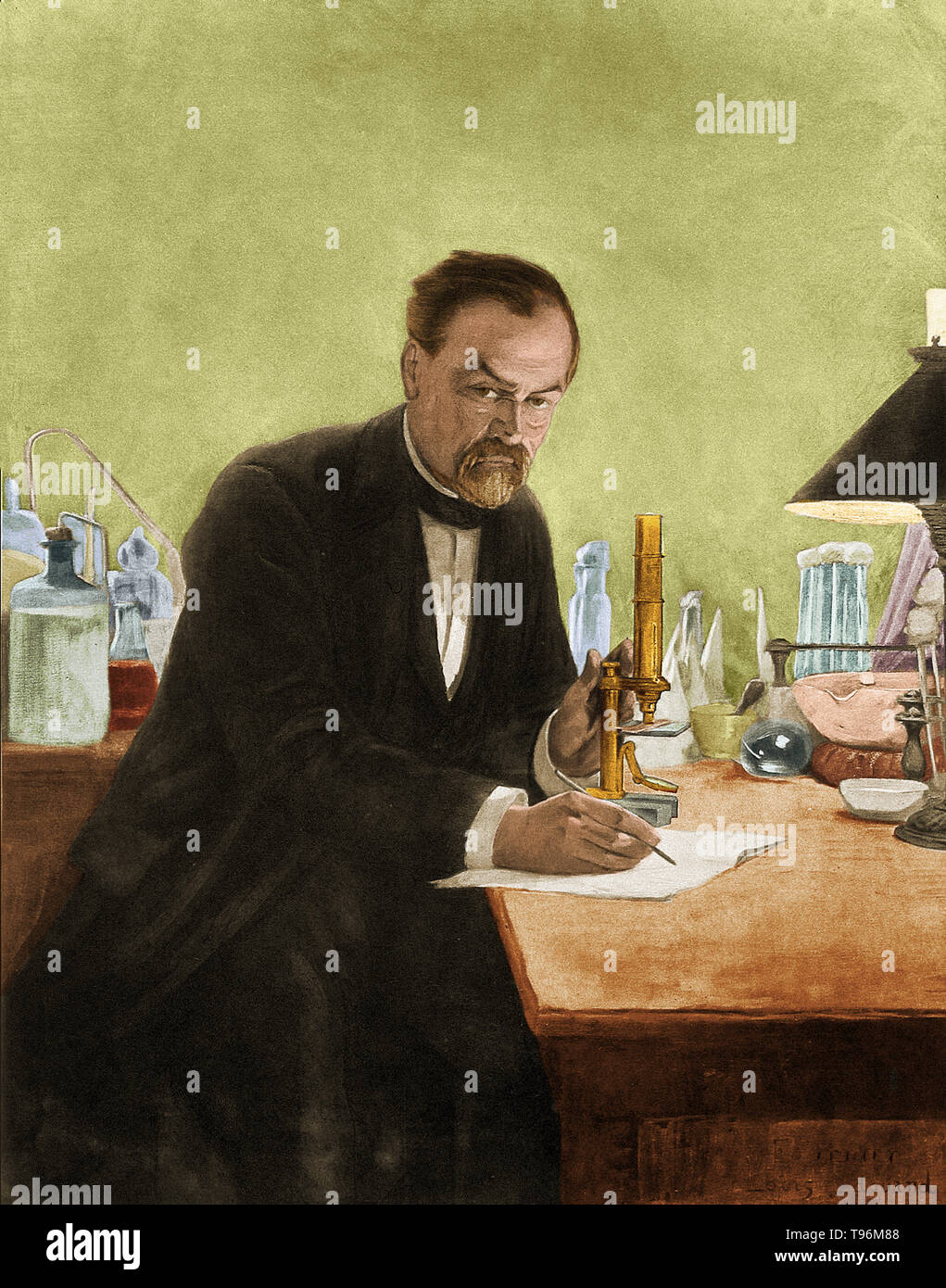 Louis Pasteur in seinem Labor. Louis Pasteur (1822-1895) war ein französischer Chemiker und bakteriologe, der die Wissenschaft der Mikrobiologie gegründet. Pasteur entdeckte, dass Krankheit verursacht wurde, könnte durch Bakterien übertragen von Person zu Person (die Mikrobe Theorie der Krankheit). Er entwickelte auch Impfstoffe gegen Tollwut und Milzbrand. Pasteur fand auch, daß leicht Heizung Nahrungsmittel und Getränke aus Säuern bewahren konnte. Die Pasteurisierung wird jetzt weit in der Lebensmittelindustrie eingesetzt. Stockfoto