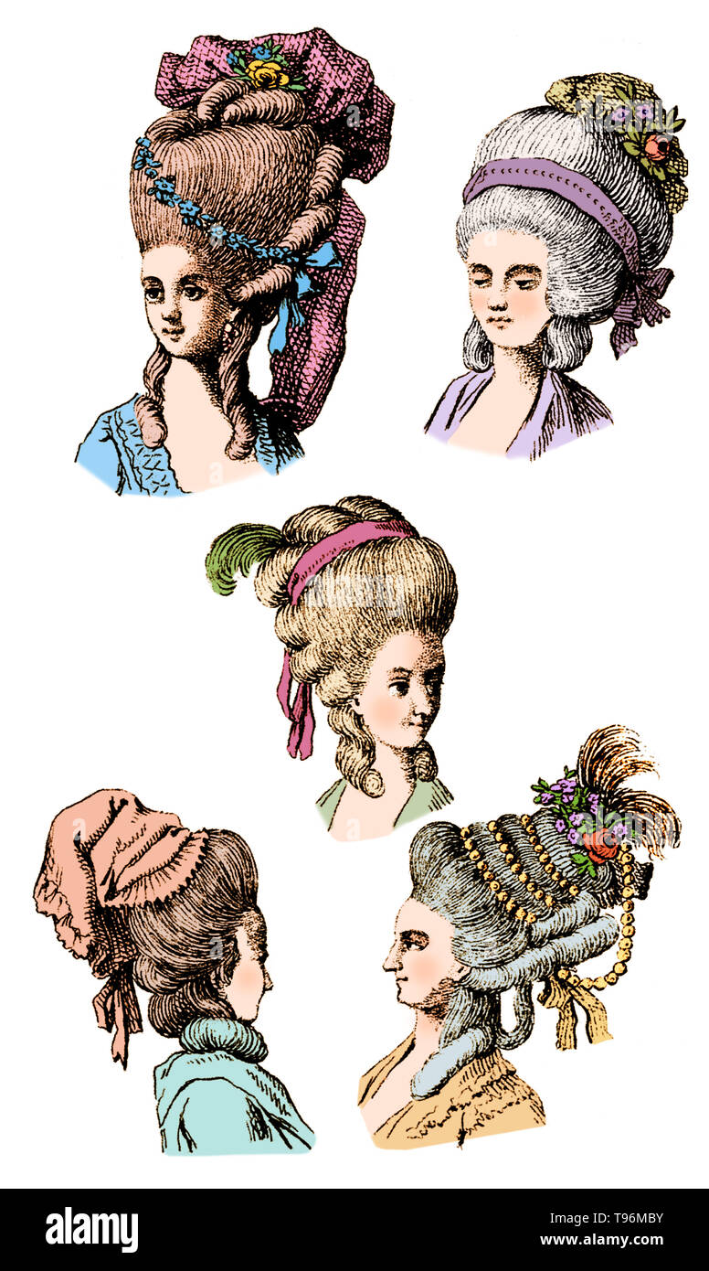 Die Köpfe und Schultern der fünf Frauen mit aufwendigen Perücken. In der  mittleren bis späten 18. Jahrhundert, groß, aufwendig und oft themed  Perücken waren in Mode für Frauen. Diese Gekämmt, Hair Extensions