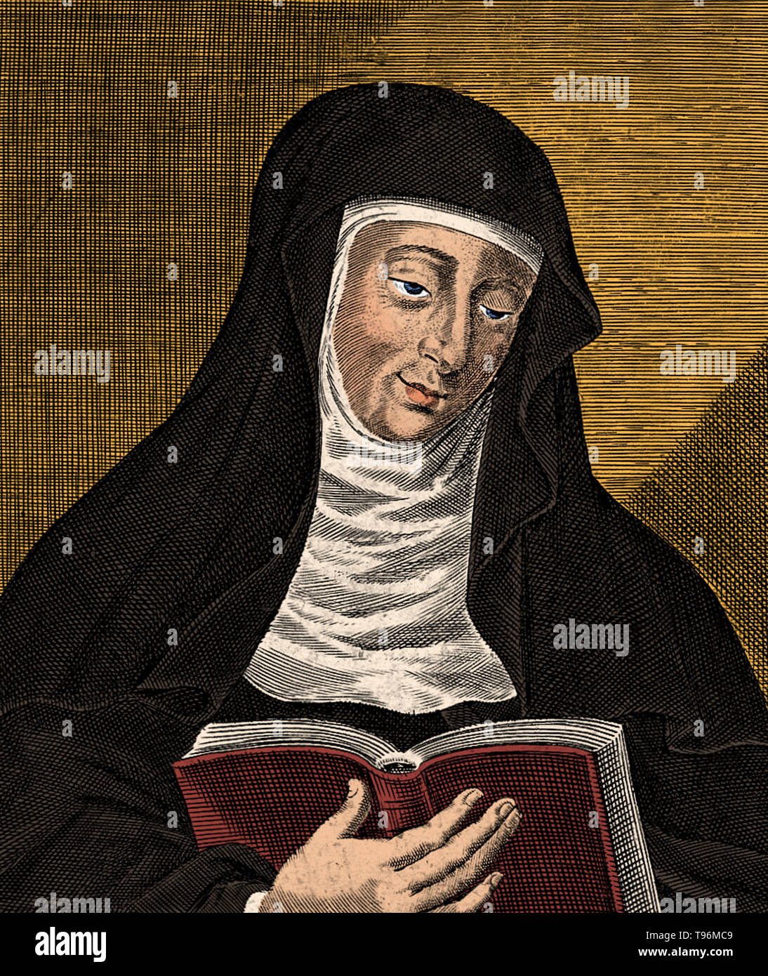 Hildegard von Bingen (1098 - 17. September 1179) war ein deutscher Benediktiner Äbtissin, Autor, Komponist, Philosoph, christliche Mystiker, visionär, und Universalgelehrten. Sie ist der Gründer der wissenschaftlichen Natural History in Deutschland. Eines ihrer Werke als Komponist, der Ordo virtutum, ist ein frühes Beispiel der liturgischen Drama und wohl das älteste erhaltene Moral spielen. Stockfoto