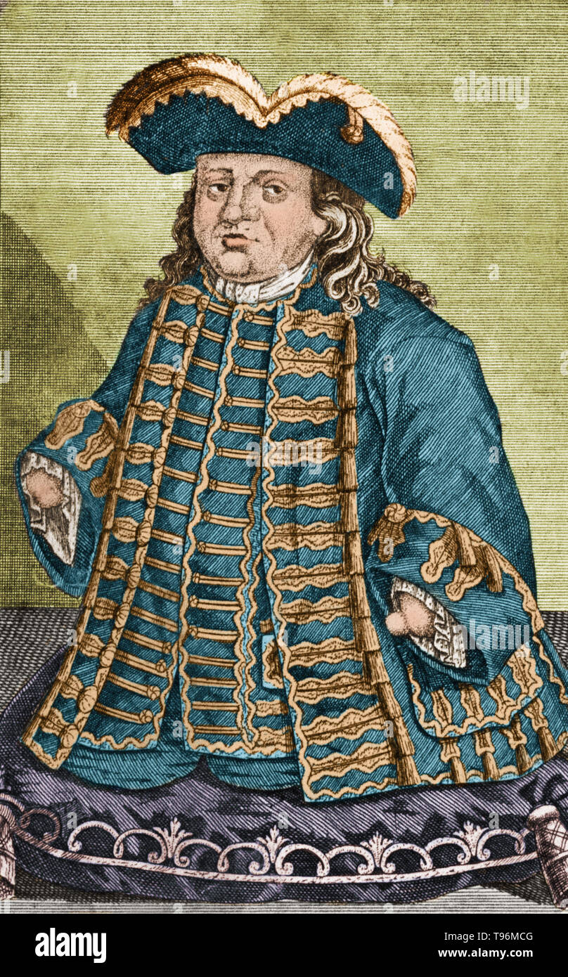 Matthias Buchinger (1674-1740), manchmal auch als Matthew Buckinger in Englisch, war ein phocomelic deutscher Künstler, Magier, Kalligraph, und Schauspieler, die ohne Hände oder Füße geboren und war 29 cm gross. Buchinger war vor allem für seine micrography, in denen Abbildungen bestehen aus sehr kleinen Text darauf hingewiesen. Diese Gravur, ein Selbstporträt, ist so detailliert, dass die Locken seines Haares enthalten sieben biblische Psalmen und das Gebet des Herrn im kleinen Buchstaben geschrieben. Buchinger war vier Mal verheiratet und hatte mindestens 14 Kinder (von 8 Frauen). Stockfoto