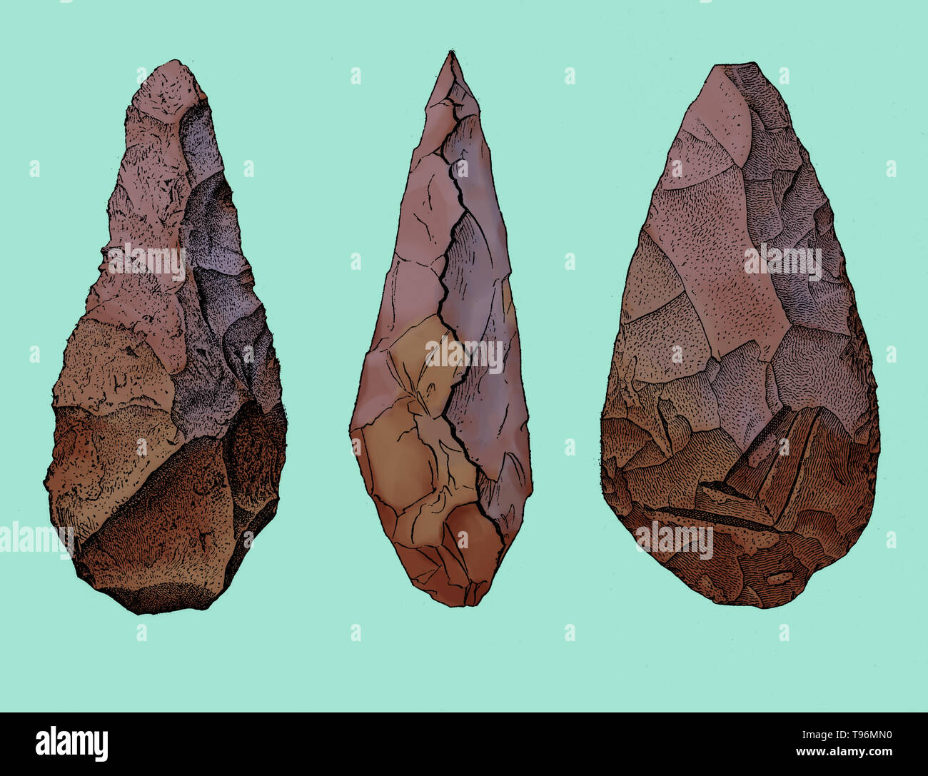 Oldowan (ehemals Abbevillian) Hand-ax mit geschwungener Kante. Unteren Paläolithikum. Die Olduwan Oldowan, manchmal geschrieben, ist die archäologische Bezeichnung für den frühesten Stein Werkzeug Industrie in der Vorgeschichte zu verweisen. Oldowan Tools wurden während der unteren Paläolithikum, 2,6 Millionen Jahren bis verwendet, bis 1,7 Millionen Jahren, die von der antiken Homininen. Stockfoto