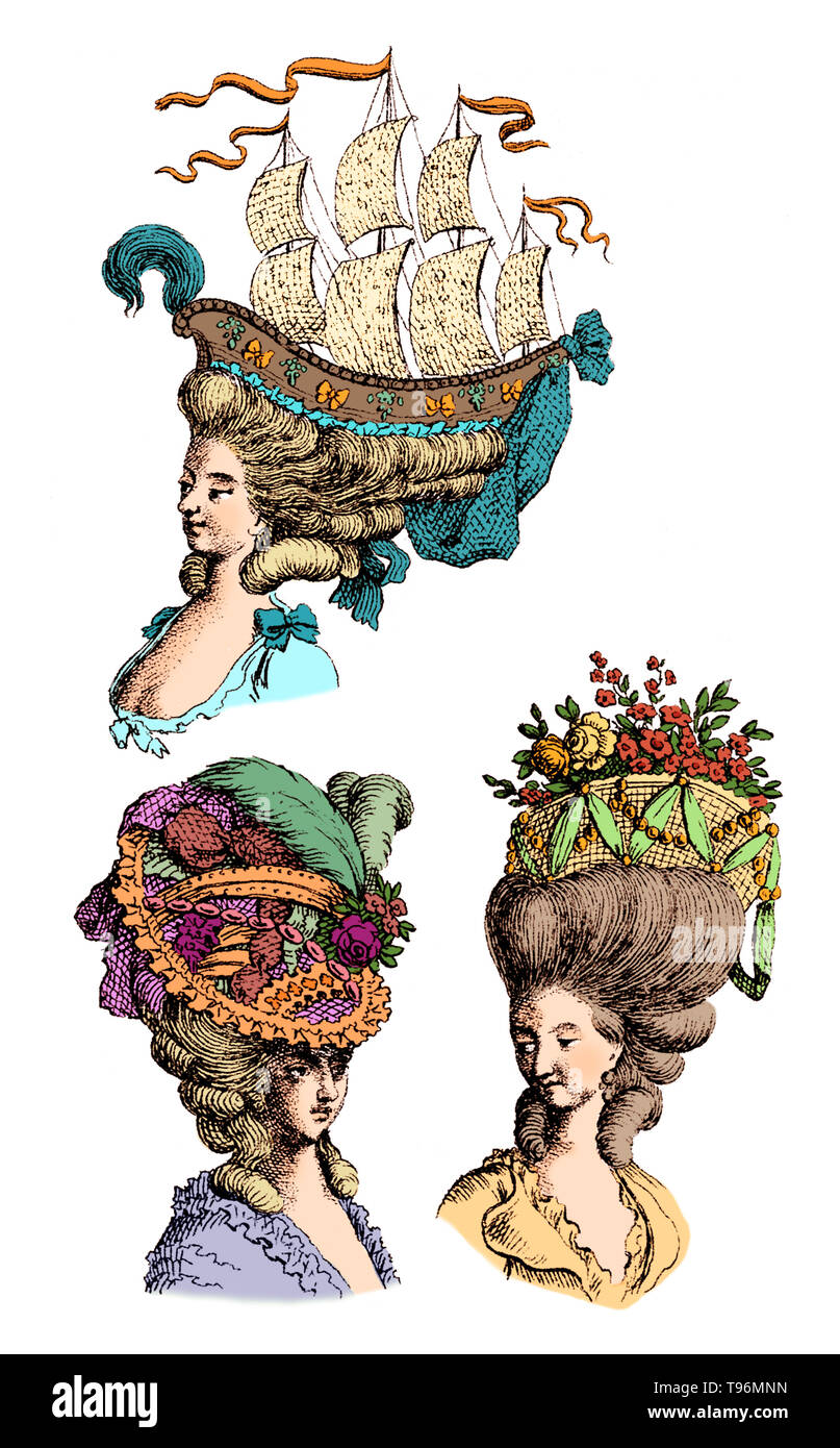 Die Köpfe und Schultern der drei Frauen, die kunstvolle Perücken. In der mittleren bis späten 18. Jahrhundert, groß, aufwendig und oft themed Perücken waren in Mode für Frauen. Diese Gekämmt, Hair Extensions - - das Ziel der satirischen Illustrationen - waren oft sehr schwer, schwer Pomaden, Pulvern und anderen Verzierungen. Stockfoto