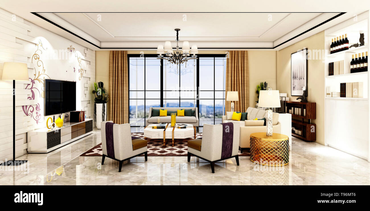 3D-Render modernes Wohnzimmer Stockfoto