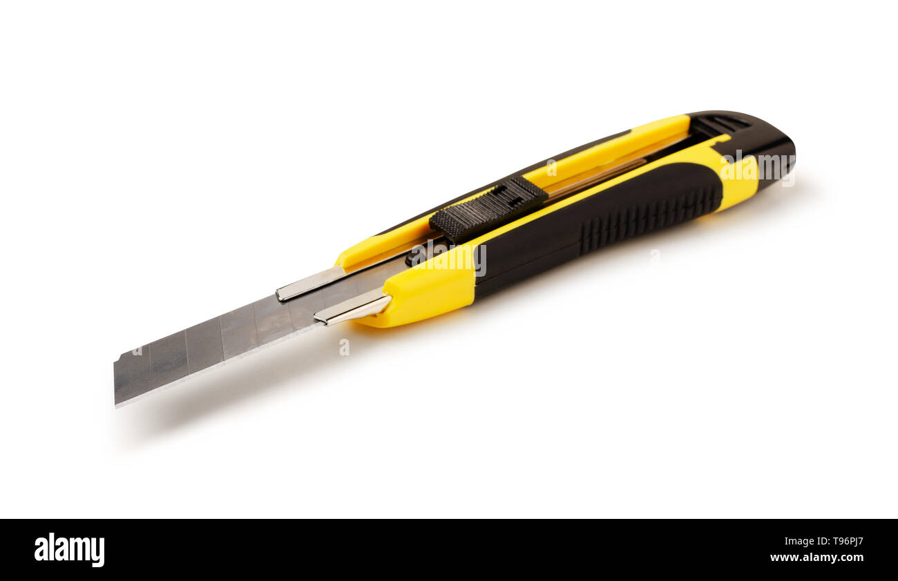 Gelb Schreibwaren Messer auf weißem Hintergrund Stockfoto
