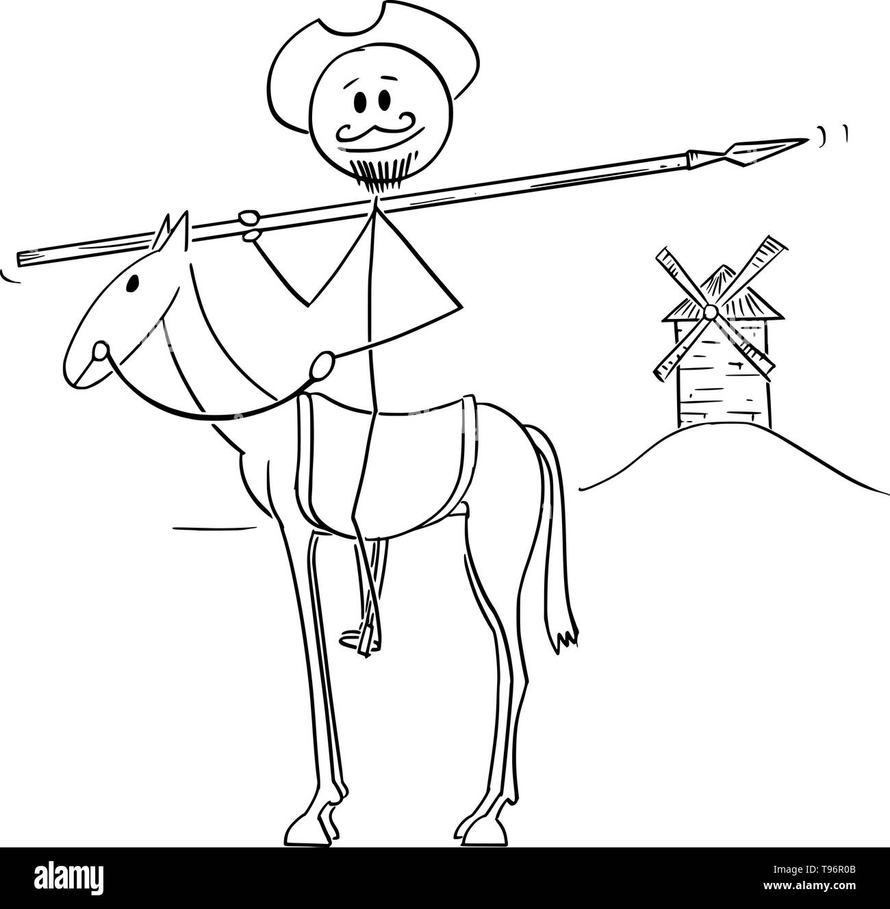 Vektor cartoon stick Abbildung Abbildung: Ritter auf Pferd mit Windmühle auf Hintergrund - Don Quijote Charakter aus dem Buch Die geniale Gentleman Sir Don Quixote von La Mancha, Miguel de Cervantes Stock Vektor