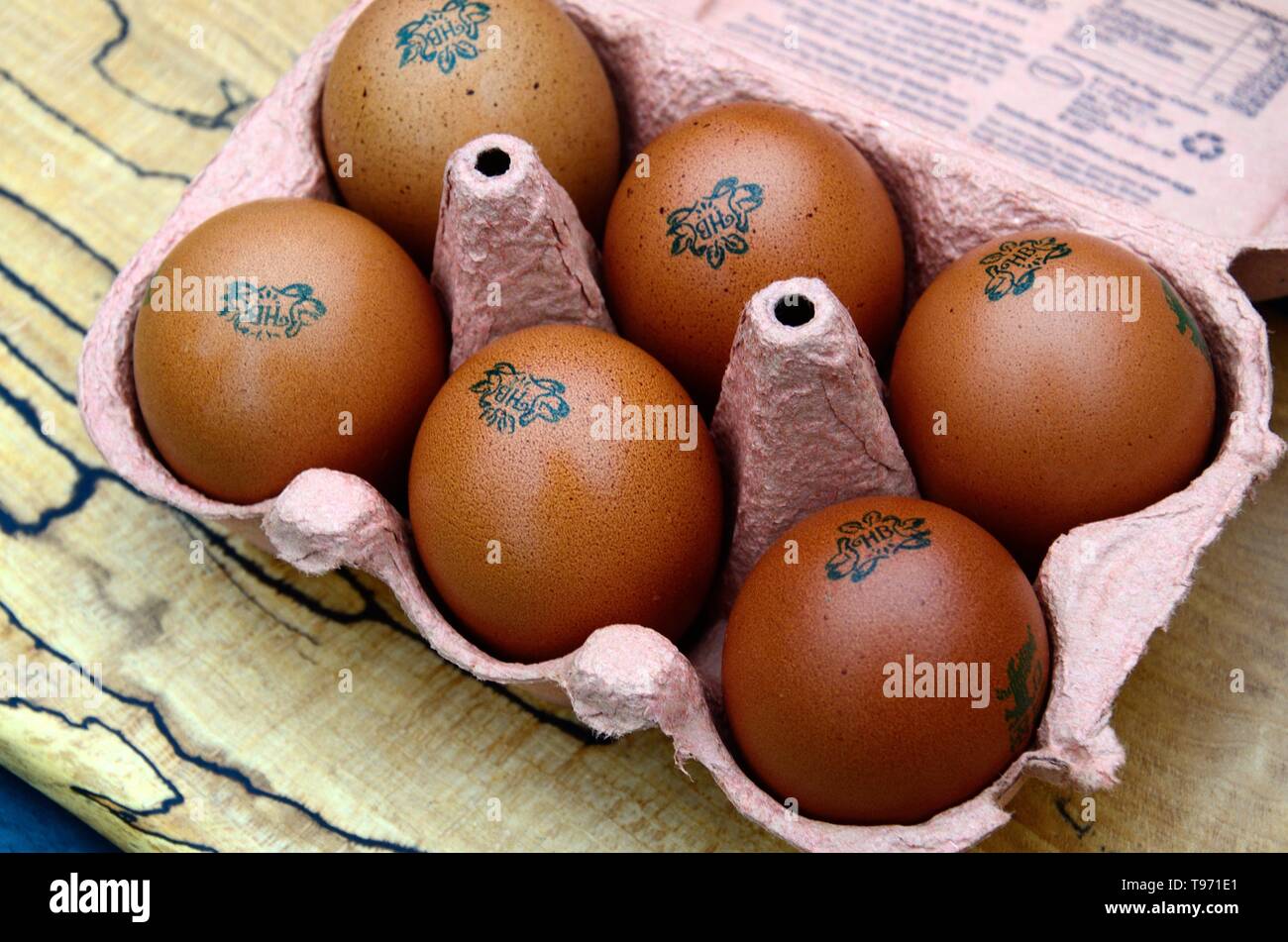 Bio Eier mit dunkelbraunen Shell in einer Box Stockfoto