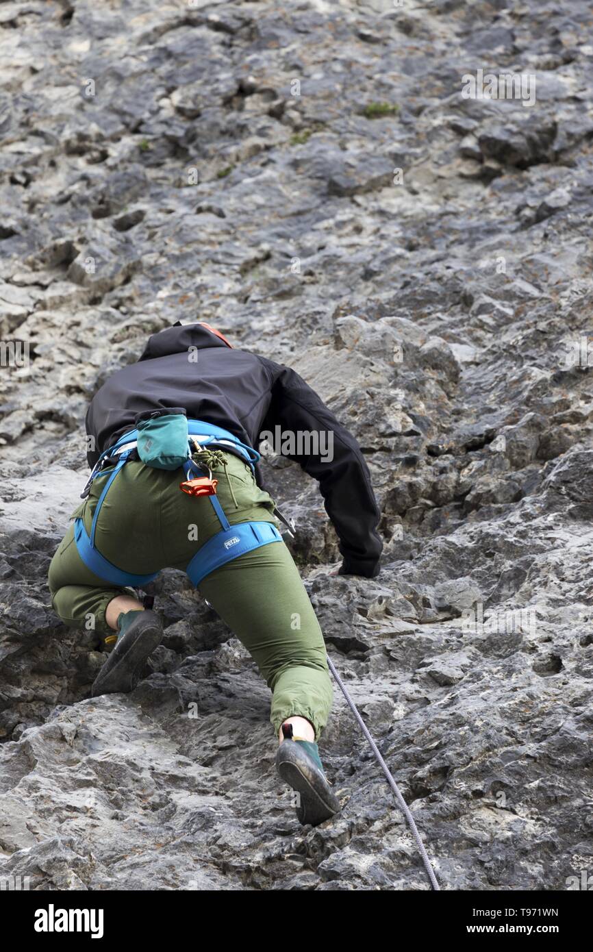 Athletischen männlichen Bergsteiger technischen Klettern senkrechte Felswand an Grassi Seen oben Stadt Canmore Canadian Rocky Mountains Stockfoto