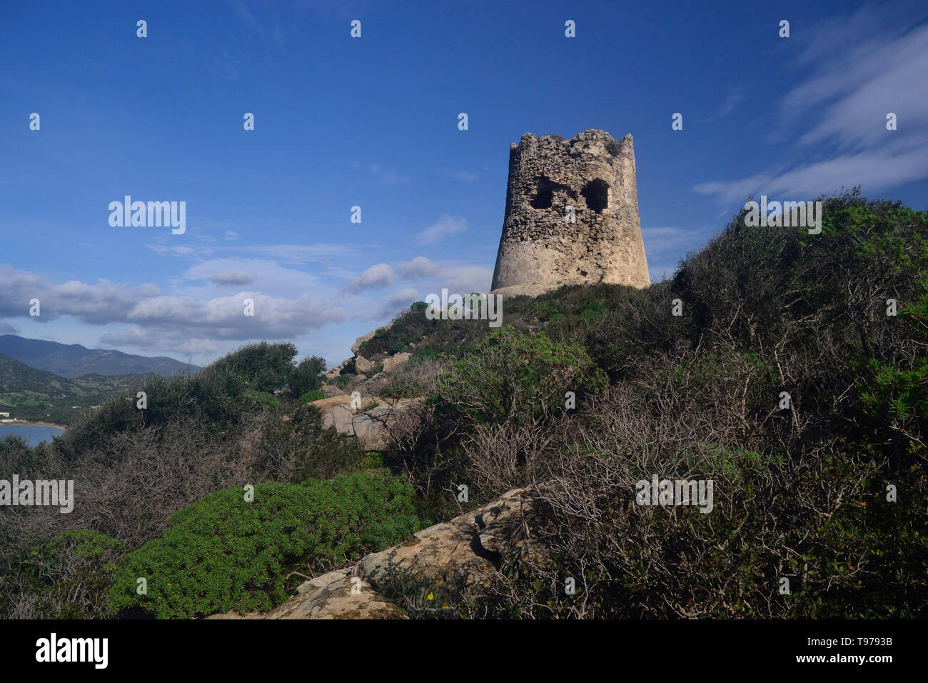 Turm von Porto Giunco Stockfoto