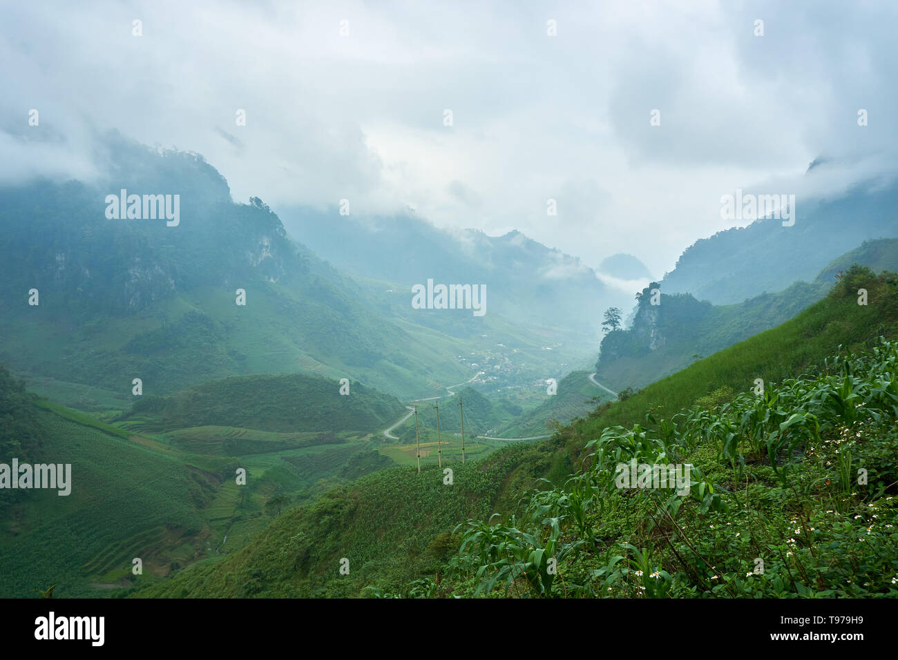 Berglandschaft im Norden von Vietnam. Schöne Aussicht auf die Ha Giang Schleife im Norden von Vietnam. Motorrad Reise Stockfoto