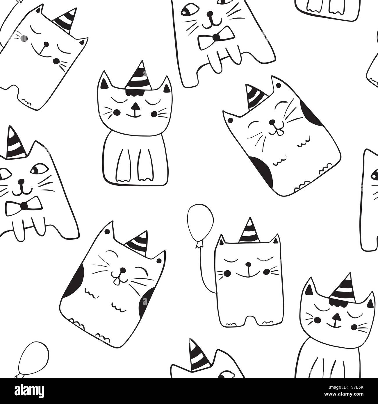 Süße Katzen nahtlose Muster. Schwarzer und weißer Umriss Hintergrund der Zeichentrickfiguren. Vector Illustration. Stock Vektor