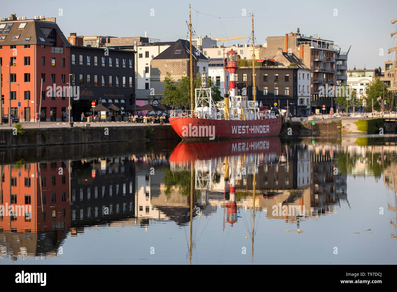 Altes Feuerschiff, West behindern, im alten Hafen Bonapartedok, im Stadtzentrum von Antwerpen, Flandern, Belgien, Stockfoto