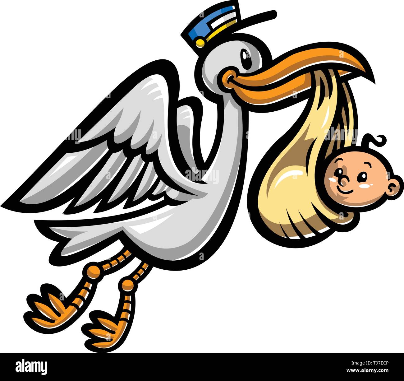 Cartoon fliegenden Storch Vogel ein Baby Stock Vektor