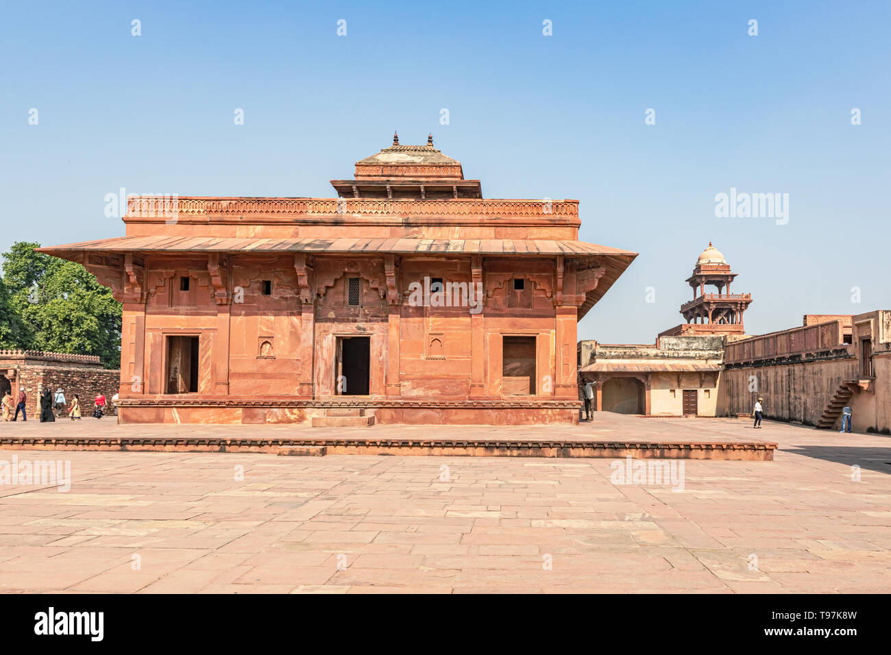 Gebäude bei Panch Mahal, Royal Palace Complex in verlassenen Wüstenstadt Fatehpur Sikri Stadt durch große Großmogul Akbar im späten 16. Jahrhundert errichtet, Uttar Prades Stockfoto