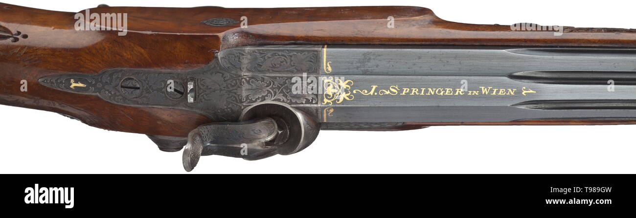 Ein Cased paar Perkussion Pistolen, Johann Springer in Wien, ca. 1850 achteckige Fässer mit geriffelte Mittelteil und original Brünieren. Rifled Bohrungen, in 9-mm-Kaliber. Verzahnt, gebläute vor Sehenswürdigkeiten, verstellbaren hinteren Sehenswürdigkeiten. Die Reithose mit Gold - eingelegter Signatur "J. Springer in Wien", die Wurzeln der Fässer geschmückt mit Gold mit Arabesken. Die Schnecken und die Sicherungsnasen mit Tief gemeißelte Akanthus Dekoration. Fässer und die Nasen der Nummer '1' und '2'. Schlösser dekoriert mit feinen, tief geätzt Ranken und mythischen Geschöpfe als w, Additional-Rights - Clearance-Info - Not-Available Stockfoto