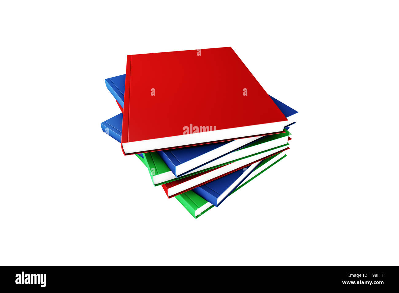 Stapel von bunten Bücher, perspektivische Ansichten der vertikalen leeres Buch cover Vorlage mit Kopieren, auf weißem Hintergrund. Stockfoto