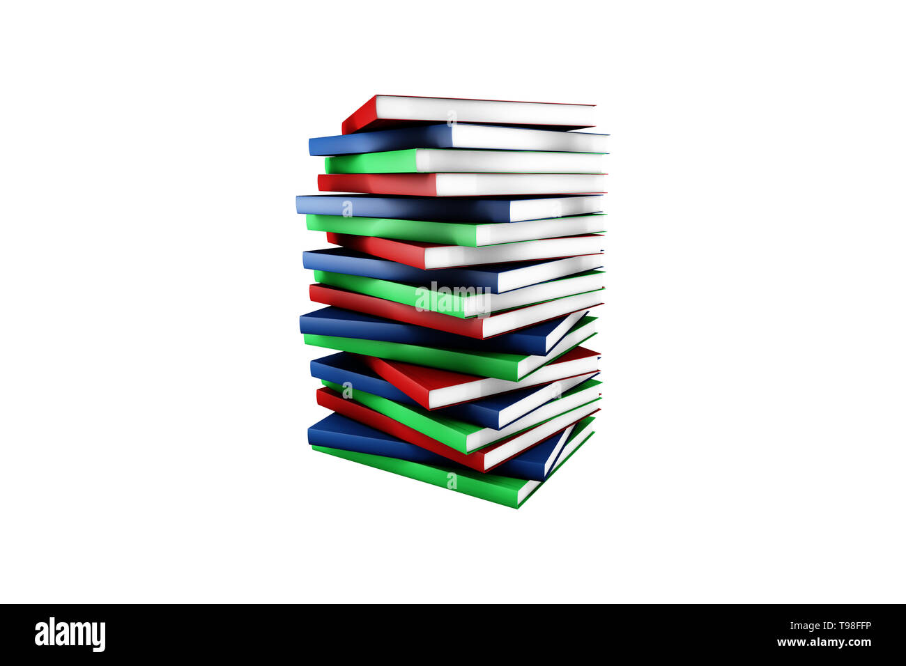 Stapel von bunten Bücher, perspektivische Ansichten der vertikalen leeres Buch cover Vorlage mit Kopieren, auf weißem Hintergrund. Stockfoto