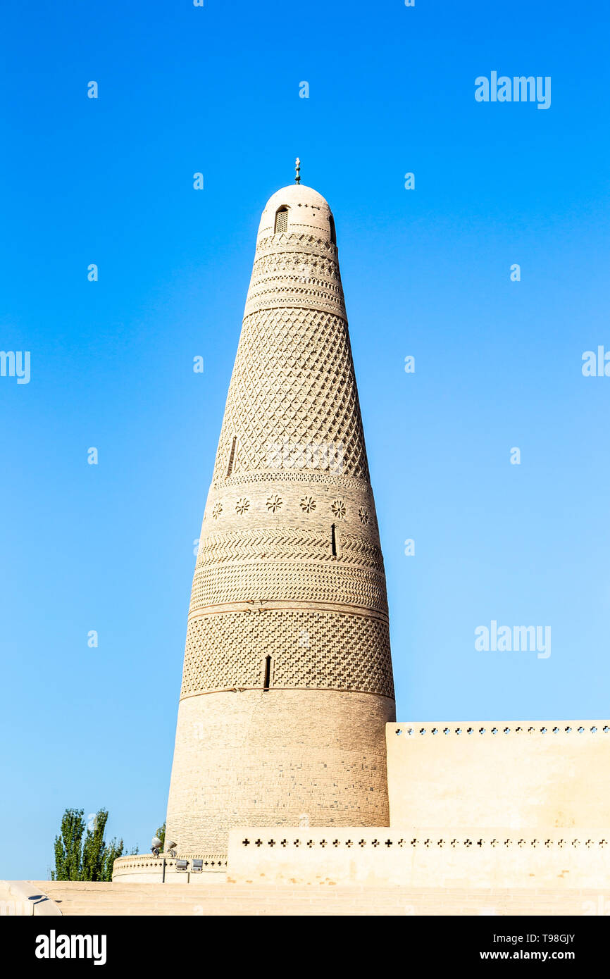 Emin Minarett, oder Sugong Tower, in Turpan, ist der größten antiken Islamischen Turm in Xinjiang, China. 1777 erbaut, seine graue Steine Form 15 verschiedenen Pa Stockfoto